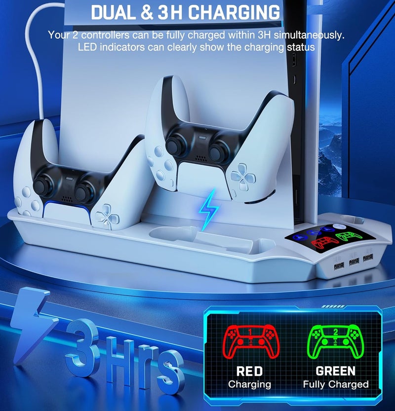 KICKDOT PS5 Pro/Slim/PS5 Stand and Cooling Station with Controller Charging Station for Playsation 5 Disc Digital Console, PS5 Accessories Incl. 3 Levels Cooling Fan, 13 Game Slots, 3 USB HUB, Headset Holder - Image 4
